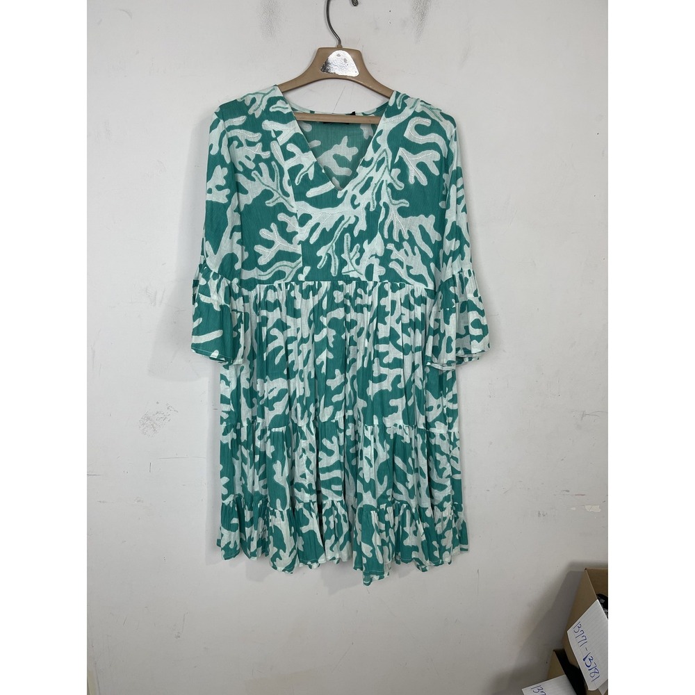 KikiSol Womens S‎ Teal White Coral Print V-Neck Pleated Dress Beach Resort